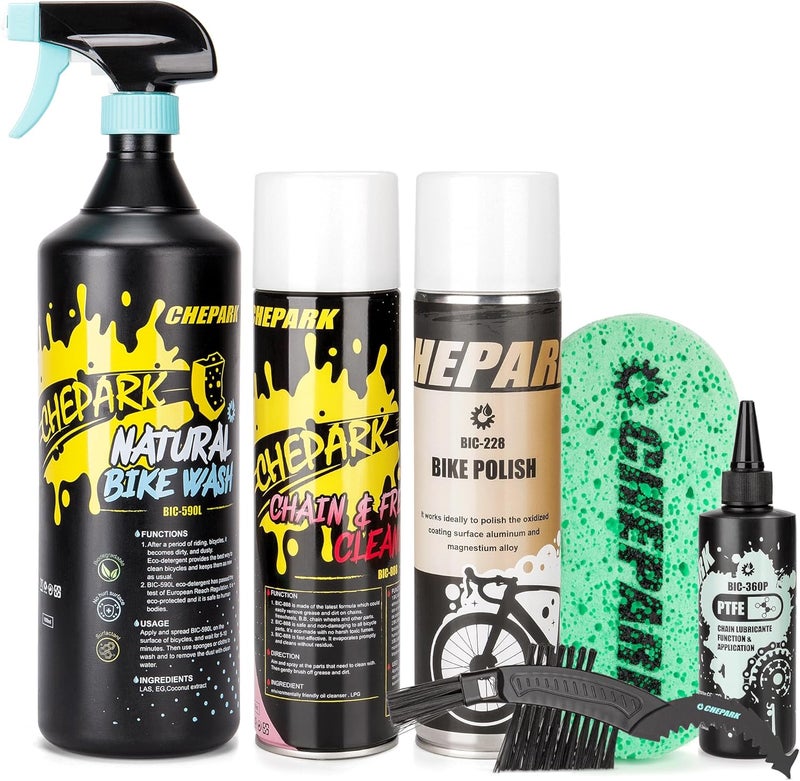 CHEPARK Bike Cleaning Kit - Bicycle Wash & Drivetrain Clean Essentials Kit with bike clean,Bicycle Degreaser,PTFE Lubricant,bike polish,Cleaning Brush Tool and Sponge for Mountain Road Bikes - Image 1